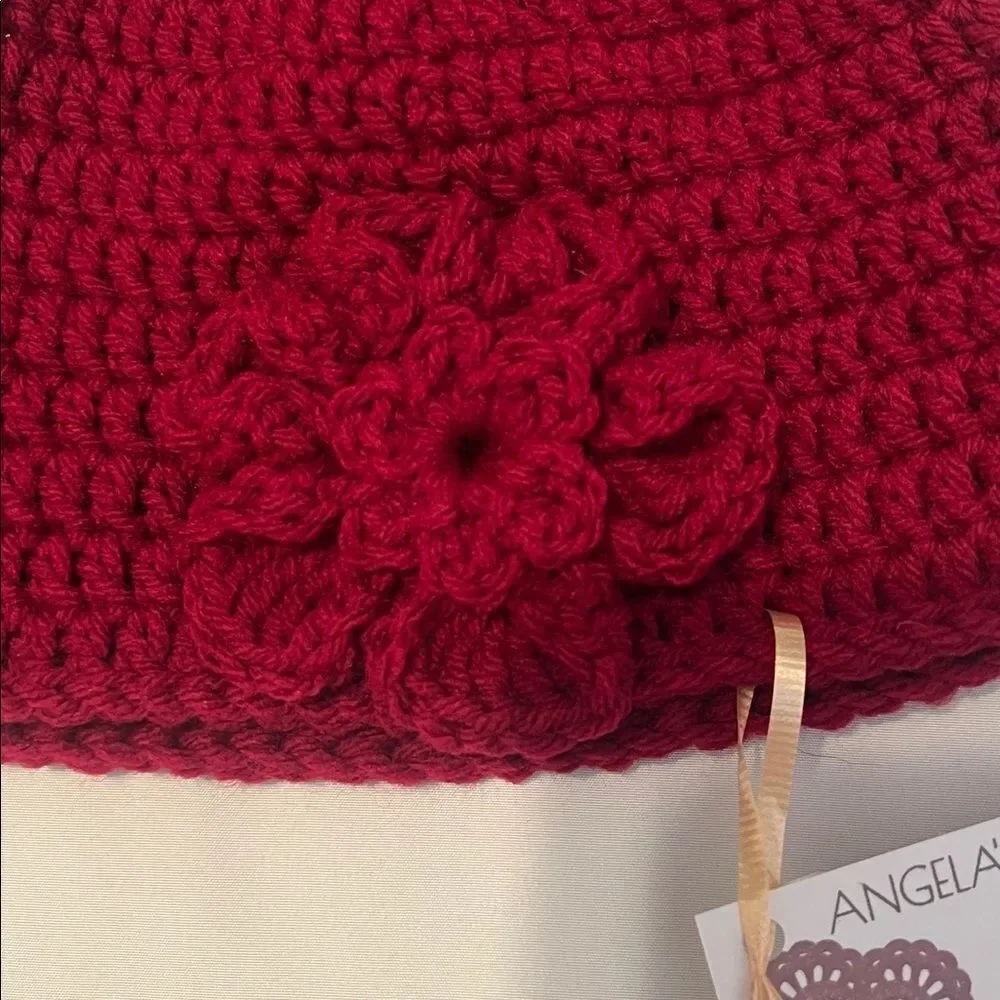 NWT Angelas Designs handmade crochet burgundy one of a kind hat with flower